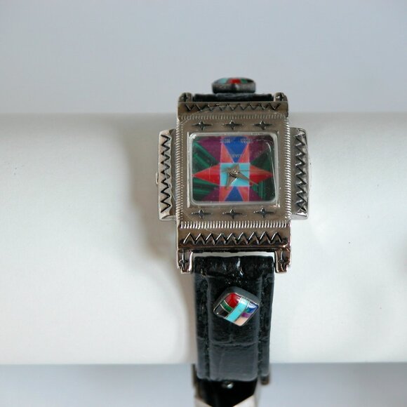 Vtg 80s 90s Watch Southwest Turquoise Inlay NOS Rainbow Timepiece - Picture 12 of 12